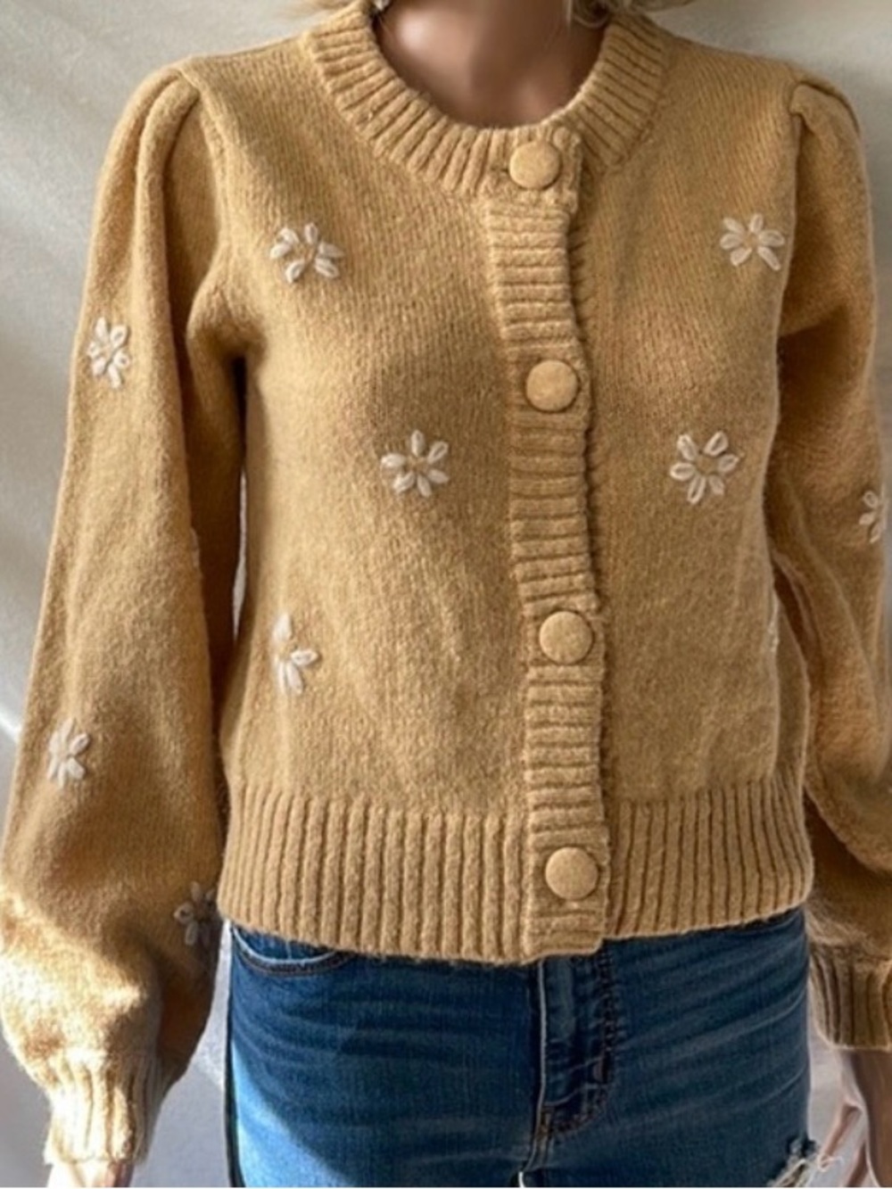 Lush Daisy Embroidered Mustard Knit Cardigan Sweater